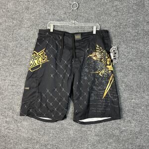MMA Elite Mens Board Shorts Size Large Black Gold Skull Wings Y2K Graphic New